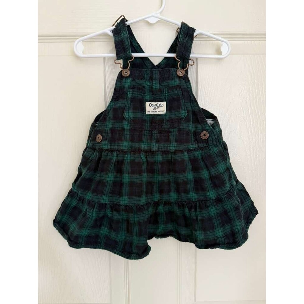 OshKosh B’gosh Baby Girls Plaid Jumper Dress 18M Green Black Tiered